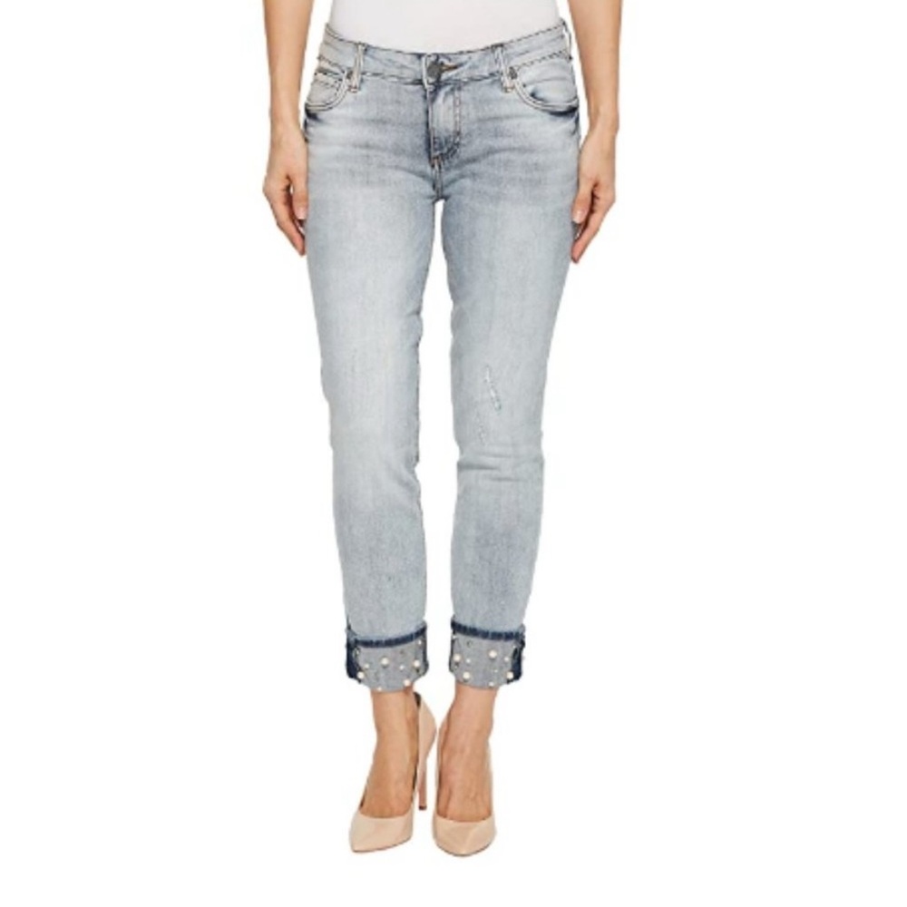 Kut from the Kloth Catherine Boyfriend Pearl Embellished Cuffed Jeans Size 6